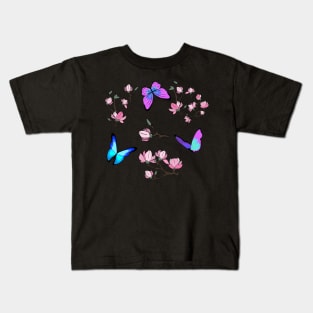 Pink purple butterflies and magnolia flowers Kids T-Shirt